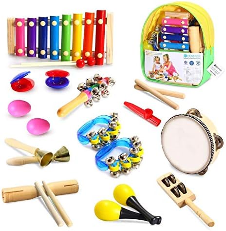 Toddler Musical Instruments,Theefun Wooden Percussion Instruments With Tambourine, Xylophone 12 Types 18pcs , Kids Educational Toys & Learning Musical Set for Boys and Girls with Storage Backpack