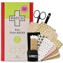 Patch Eco First Aid Kit, Assorted Hypoallergenic Adhesive Sizes Large and Small Bandages for Sensitive Skin, Essential Medical Supplies in a Reusable Tin, Latex Free, Sensitive Skin Bandages, 77 ct