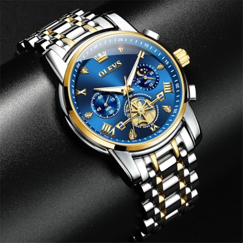 OLEVS Luxury Watches for Men Blue Large Face Silver and Gold Stainless Steel Dress Analog Quartz Wrist Mens Watches Waterproof Chronograph Moon Phase Fashion Luminous Two Tone Relojes para Hombres — view 4