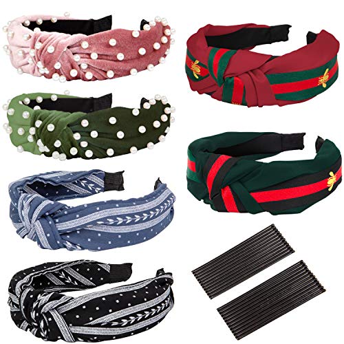 Pearl Knotted Headbands for Women Girls, 6 Pcs Cute Fashion Elegant Cross Knot Pearl Headbands Stripe Hair Hoop - Including 2 Velvet Pearl Headbands 2 Bee Animal Headbands 2 Flower Headbands