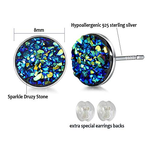 Sterling Silver Druzy Stud Earrings Hypoallergenic Round Studs For Women Men 8Mm -Black, Blue, White, Purple #TOP2