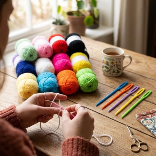 Image of 12 Color Wool Oon Yarn Balls Set with Plastic Needles for Knitting & DIY Crafts | Soft Acrylic Yarn for Beginners, Kids Craft Kit, Crochet & Embroidery Supplies