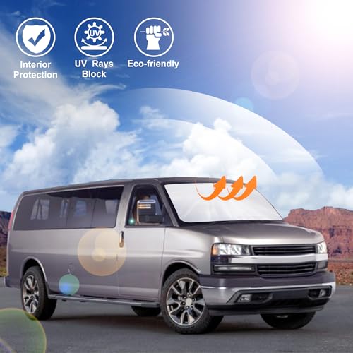 Image of Windshield Sun Shade Compatible with 1996-2024 2025 2026 Chevrolet Express Cargo Van 1500, 3500, 4500, LS, LT Winter Accessories Foldable Sun Visor Protector Keeps Cool
