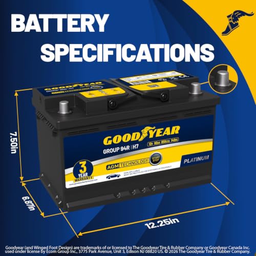 Image of Goodyear 94R-H7-AGM BCI Group Size 94R 12V 80 AH, 140RC, 850 CCA Platinum series Rechargeable AGM Maintenance Free Automotive Battery