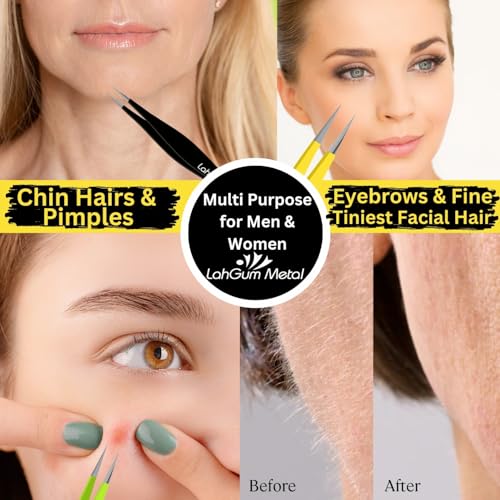 LahGum Metal High Precision Sharp Pointed Tweezers for Women Facial Hair Chin Remover, Pointy Needle Nose Tweezers Ingrown Hairs Extra Thin & Ultra Fine Tip Point Tweezer Splinter Removal Tool Kit