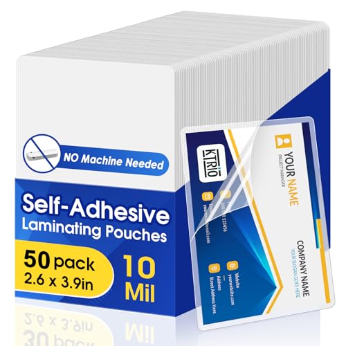 KTRIO 50 Pack Self Sealing Laminating Pouches, 2.6” x 3.9”, 10 Mil Thick Self Adhesive Laminating Sheets, Business Card Laminating Paper, Clear Laminate Sheets, No Laminator Machine Needed, No Heat