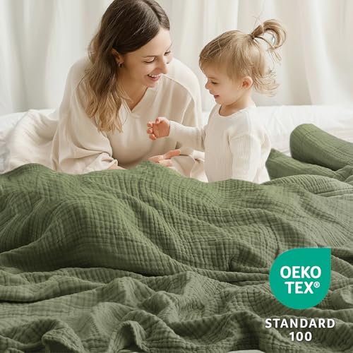 100% Cotton Muslin Blanket Twin 66" x 90", Breathable and Lightweight Twin Blankets for Couch, Soft Cooling Summer Gauze Blanket for Adults All Season, Olive Green