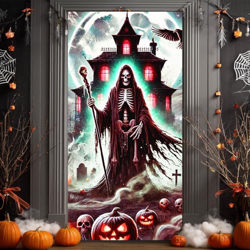 Image of BlissYard Halloween Entryway Banner Grim Reaper 35x71 Inch Polyester | Door Banner, Wall Decor | Skeleton Entry Accent, Grim Reaper Backdrop | Porch, Hallway, Party (Gothic Art)