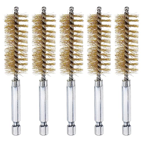 HARFINGTON 5Pcs Brass Bore Brush 18mm Dia 4" Long Cleaning Twisted Wire Brush with Handle 1/4" Hex Shank for Tubes, Ports, Bearings