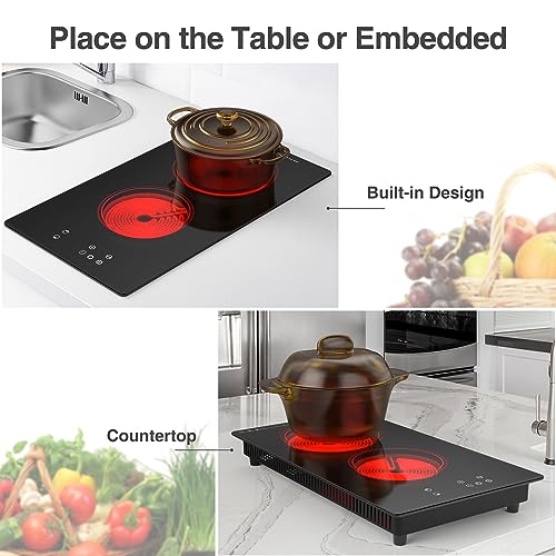 Image of GIHETKUT Electric Cooktop,Built-in and Countertop Electric Stove Top, 2100W 110V Electric Burner 9 Heating Level, Timer & Kid Safety Lock, Sensor Touch Control 2 Burner Electric Cooktop.