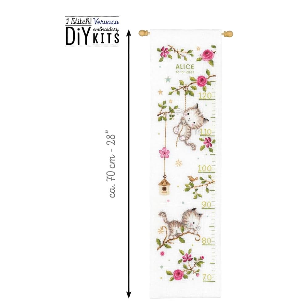 VERVACO Haft Krzyżykowy Liczony Zestaw Miarka Wzrostu dla Dzieci ZUCHWAŁE KOTKI Zrób to Sam Zestaw Kreatywny dla Dorosłych 18 x 70 cm Dekoracja Ścienna DIY Cross Stitch Kit