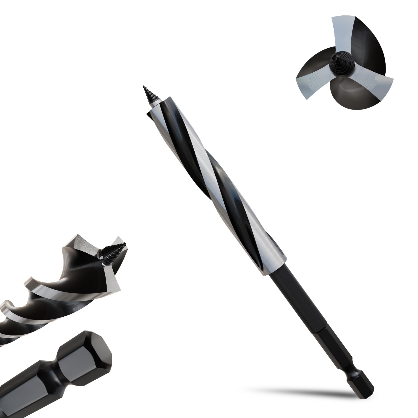 METOTY 12mmx155mm Auger Drill Bit Extra Long Drill Bits，6.35mm Hex Shank for Wood with Quick Change - 3-Cutter Design with Dual-Flute for Fast Chip Removal, Fits Hardwood, Softwood, PVC, Drywall — image 1
