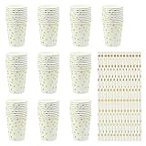 Nveasty Einweg Pappbecher Gold Dot 230ml, 125 Stück Einwegbecher und Strohhalme, Partybecher für Geburtstage, Hochzeit ,Deko, Kinderfeier - 100 Stück Papier Becher mit 25 Strohhalme