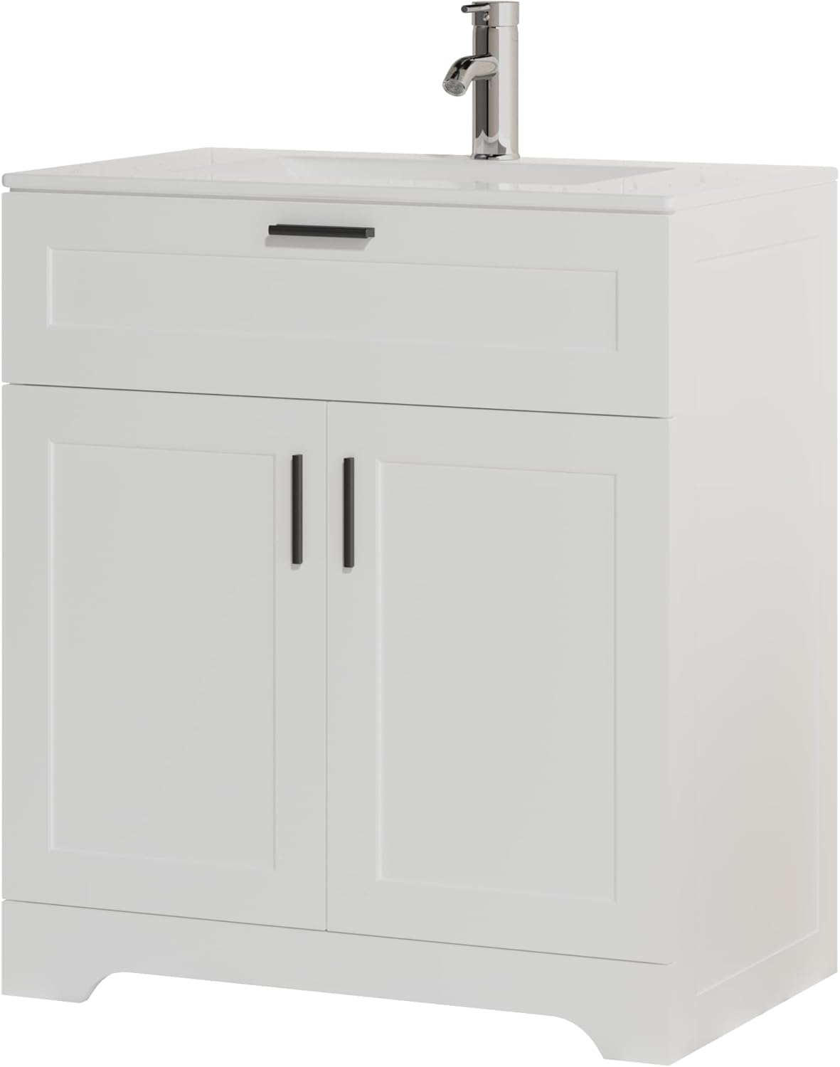 30 Inch Bathroom Vanity with Ceramic Sink, Under Sink Vanity Cabinet, Freestanding Vanity for Bathrooms, Bathroom Storage Vanity with 2 Doors and1 Drawer (White, 30", with Sink)