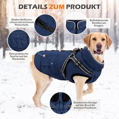 Woiil Hundemantel Hundejacke Wintermantel für Kleine Hunde, Hundemantel Winter mit Geschirr, Hunde Wintermantel Ärmellose Baumwolle Gepolsterte Weste Wasserdicht Warme Reflektierend, Navyblau S