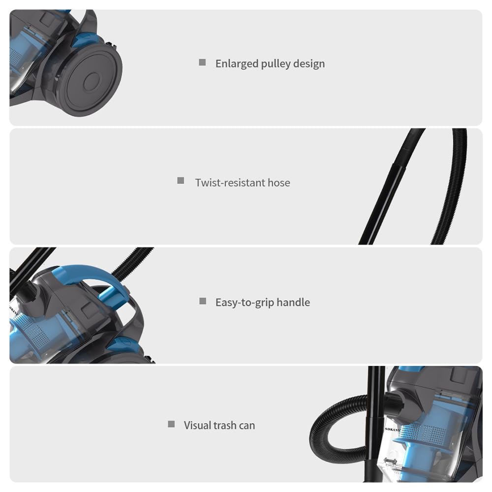 Beutelloser Staubsauger, 2000 W, beutelloser Staubsauger mit Kabel, Kapazität von 1,8 l, HEPA-Filtration, Aktionsradius von 5 m, für Teppich, harte Böden, Tierhaare und Staub