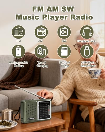 image for Handsider FM AM SW Transistor Radio with Rechargeable Battery, Portabl