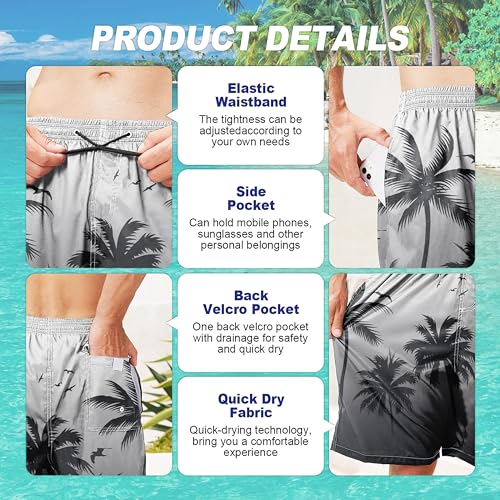 FT FENTENG Mens Swim Trunks, Black Grey Palm Tree Board Shorts Swimwear Bathing Suit with Mesh Lining, Funny Hawaii Quick Dry Beach Shorts for Swimming, XX-Large - Thumbnail 5