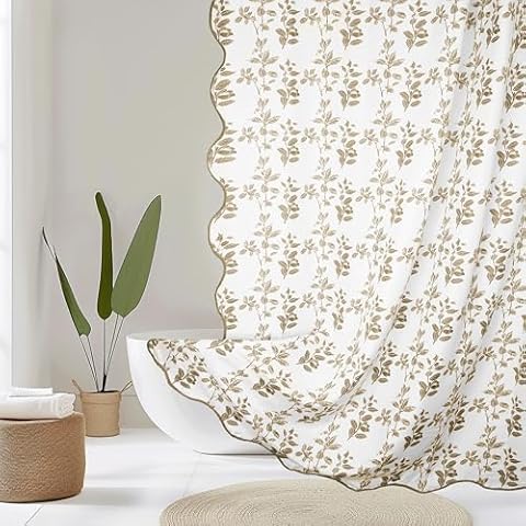 Farmhouse Beige Scalloped Border White Boho Shower Curtain, 72 x 72 Coffee Cute Floral Leaves Cottagecore Farmhouse Minimalist Chic Cloth Fabric Shower Curtain Set with Hooks for Bathroom Shower Cover