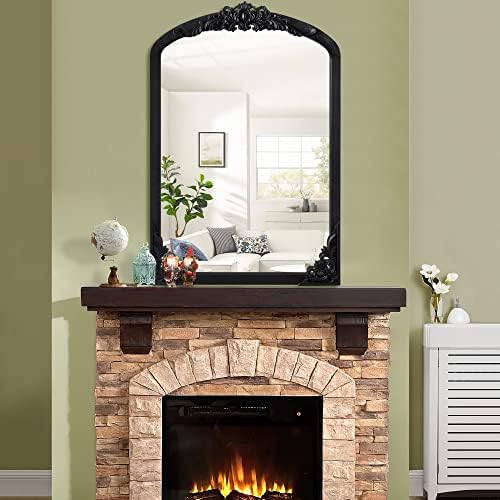 NeuType Arched Wall Mirror Vintage Carved Mirror Solid Wood Frame Wall-Mounted Mirror for Home Decor Bathroom Entryways Living Rooms Dressing Mirror, Black, 36"x 24"