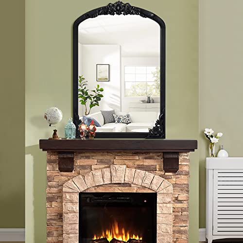 Neutype Arched Wall Mirror Vintage Carved Mirror Solid Wood Frame Wall-Mounted Mirror For Home Decor Bathroom Entryways Living Rooms Dressing Mirror, Black, 36"X 24" #TOP16