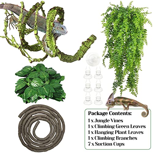 Fhiny 4 Pcs Reptile Vines Plants Bendable Flexible Jungle Climbing Vines Plastic Leaves With Suction Cups Tank Accessories Habitat Decor For Bearded Dragons Lizards Snakes Geckos Frogs #TOP1