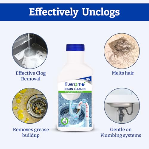 Image of Klenzmo by Kleenest Drain Cleaner Liquid - 400ml (10 Doses) | Clears Blocked Drains, Pipes, Sinks & Septic Tanks | Melts Grease & Dissolves Hair Quickly