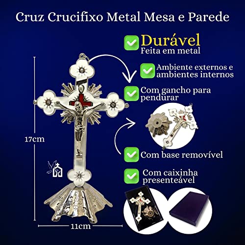 Crucifixo Em Metal Prata Para Parede E Mesa Resinado com Pedestal 17cm Cruz Moderna de Metal para Al
