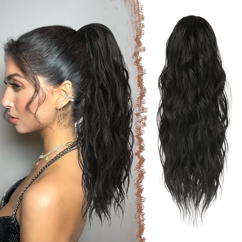 FESHFEN Black Ponytail Extensions - Drawstring Ponytails Hair Extension Off Black Long Curly Wavy Hair Piece Synthetic Pony Tail Hairpieces for Women, Black 18 inch