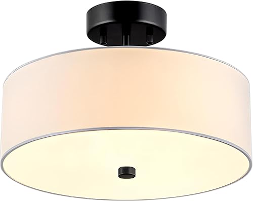 Lámpara de techo semiempotrada de 3 luces, luz de tambor negra de 13 pulgadas, moderna lámpara de techo con pantalla de tela blanca para dormitorio,