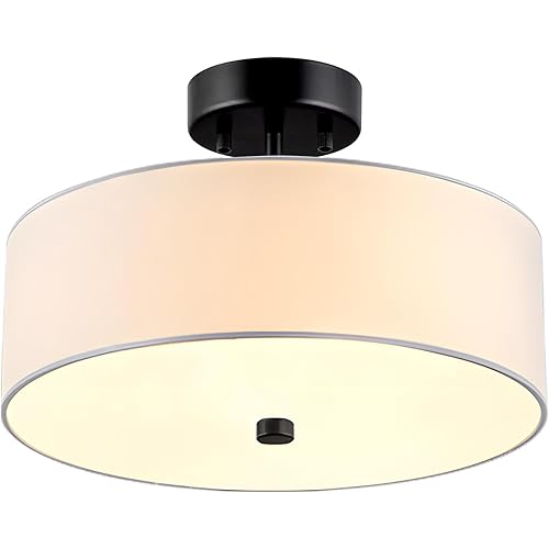 3-Light Semi Flush Mount Ceiling Light Fixture, 13" Black Drum Light, Modern Close to Ceiling Light with White Fabric Shade Lamps for Bedroom Living Dining Room Kitchen Hallway Entryway