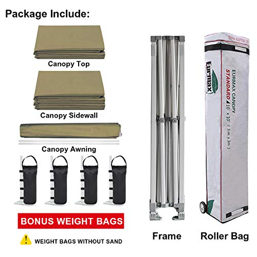 Eurmax Usa 10 X 10 Pop Up Canopy Commercial Tent Outdoor Party Canopies With 4 Removable Zippered Sidewalls And Roller Bag With 4 Canopy Sand Bags & 24 Squre Ft Extended Awning (Khaki) #TOP7