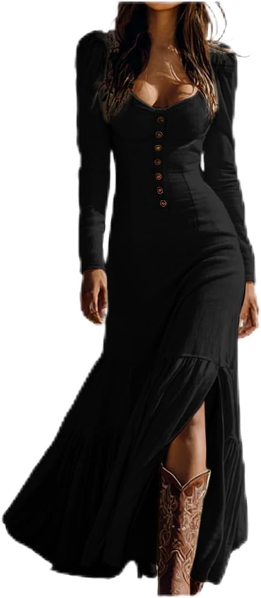 Western Cowgirl Dress Women Long Sleeve Deep V Neck Vintage