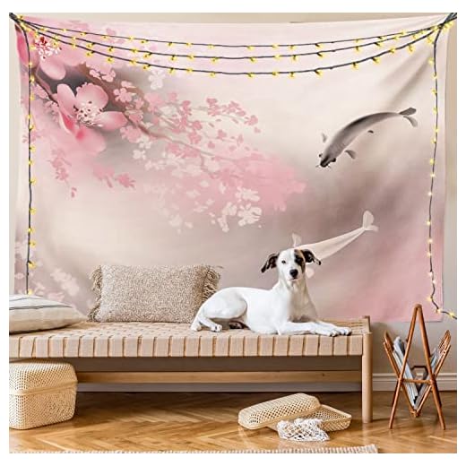 Lunarable Koi Fish Tapestry, Sakura Blossom in Japan with Creature Culture Nature Orient, Wide Wall Hanging for Bedroom Living Room Dorm, 80" X 60", Pink