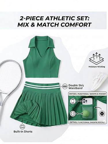 Pobodo Two Piece Tennis Skirt Set for Women, Athletic Outfit with Pockets & Built-in Shorts, Moisture Wicking Golf Dress Green — view 3