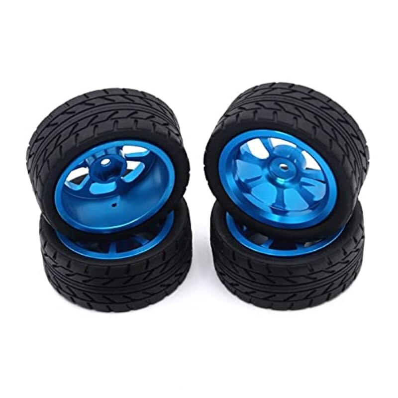 4pcs 65mm Rubber Tire Metal Wheel Rim 12mm Hex RC Car Upgrade Parts, High Grip, for Wltoys 144001 144002 124017 124016 124018 124019 A959 A949 A969 A959B RC Car (Blue)