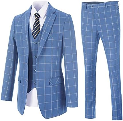 Mens Suit Slim Fit 3 Piece Casual Tuxedo Check Plaid Groomsmen Suits Formal for Wedding Blue Party Blazer Vest Pants Set-S