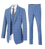 Mens Suit Slim Fit 3 Piece Casual Tuxedo Check Plaid Groomsmen Suits Formal for Wedding Blue Party B