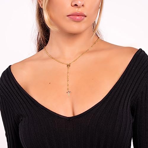 Barzel 18K Gold Plated Virgin Mary Rosary Bead Cross Necklace - Made In Brazil2