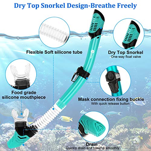 JARDIN Dry Snorkel Set, Panoramic Wide View Snorkel Mask, Anti-Fog Tempered Glass Diving Mask, Free Breathing& Easy Adjustable Strap Scuba Mask, Professional Snorkeling Gear for Adults