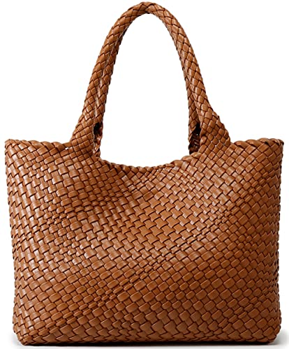 Queenoris Woven Bag for Women, Fashion Top Handle Shoulder Handbag Vegan Leather Shopper Purses Large Travel Tote Bag
