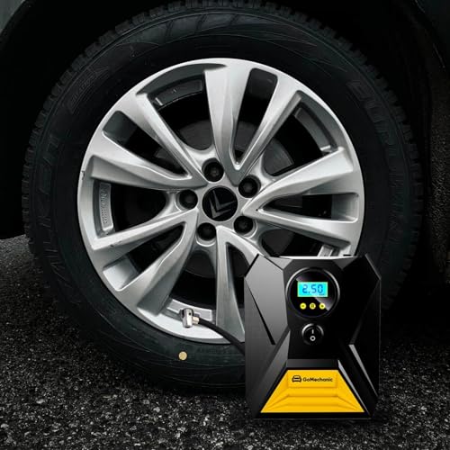 Image of GoMechanic Gusto Digital Tyre Inflator for Cars & Bikes | 150 PSI | 12V DC Portable Air Pump for Tyres with Auto Shut Off | Tyre Pressure Gauge | Multi-Nozzle Compatible | Emergency LED