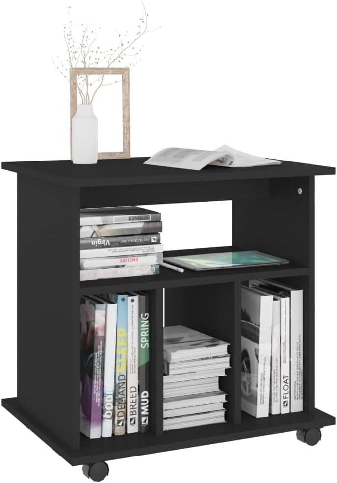 Modern Black Rolling Storage Cabinet with Three Compartments Engineered Wood Mobile Office Organizer