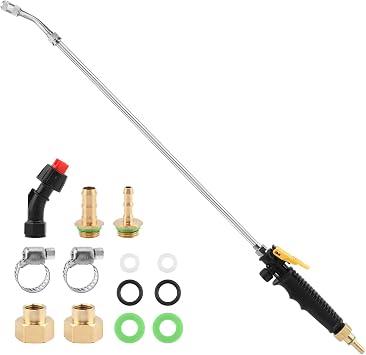 Sprayer Wand, Stainless Steel Foam Pump Sprayer Wand with 1/4" 3/8" Brass Barbs and 2 Hose Clamps, 28inch Adjustable Spray Wand Replacement, Quick Connect Handle Garden Hoses with Fan Nozzle