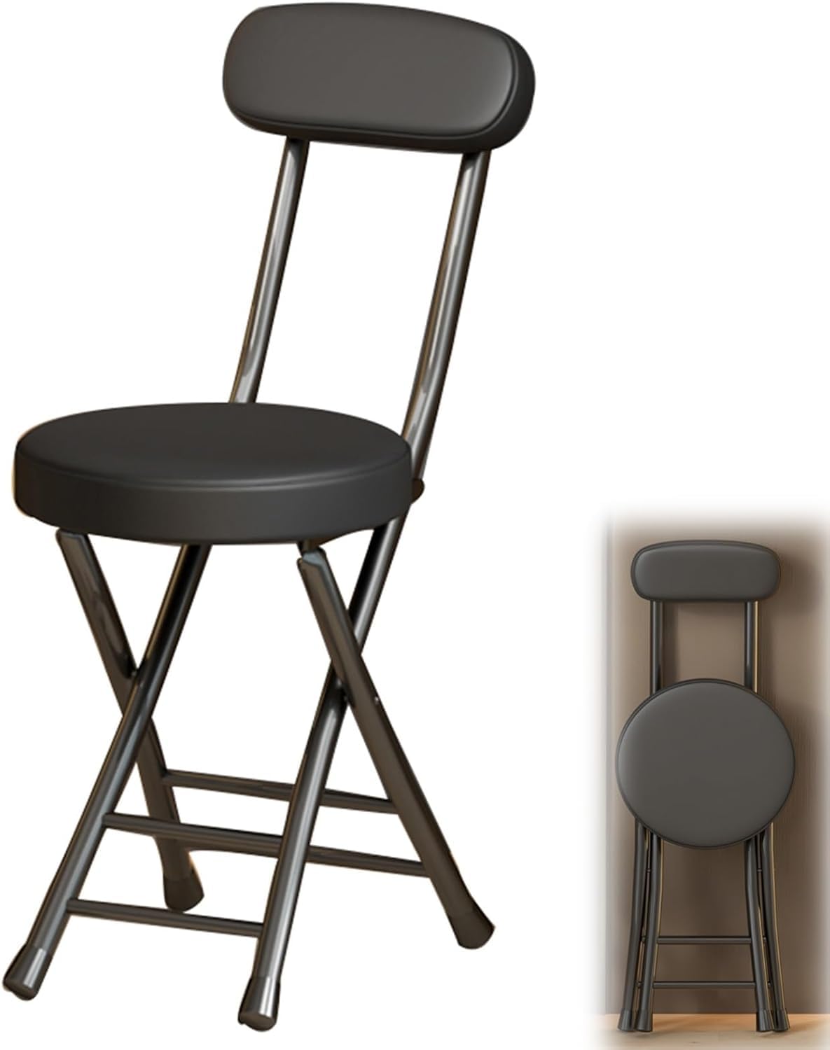 45cm Klapphocker mit Rückenlehne und Fußstütze,Tragbarer Runder Gepolsterter Frühstückshocker für Küche, Esszimmer, Büro,Faltbarer Barhocker (Color : Schwarz)