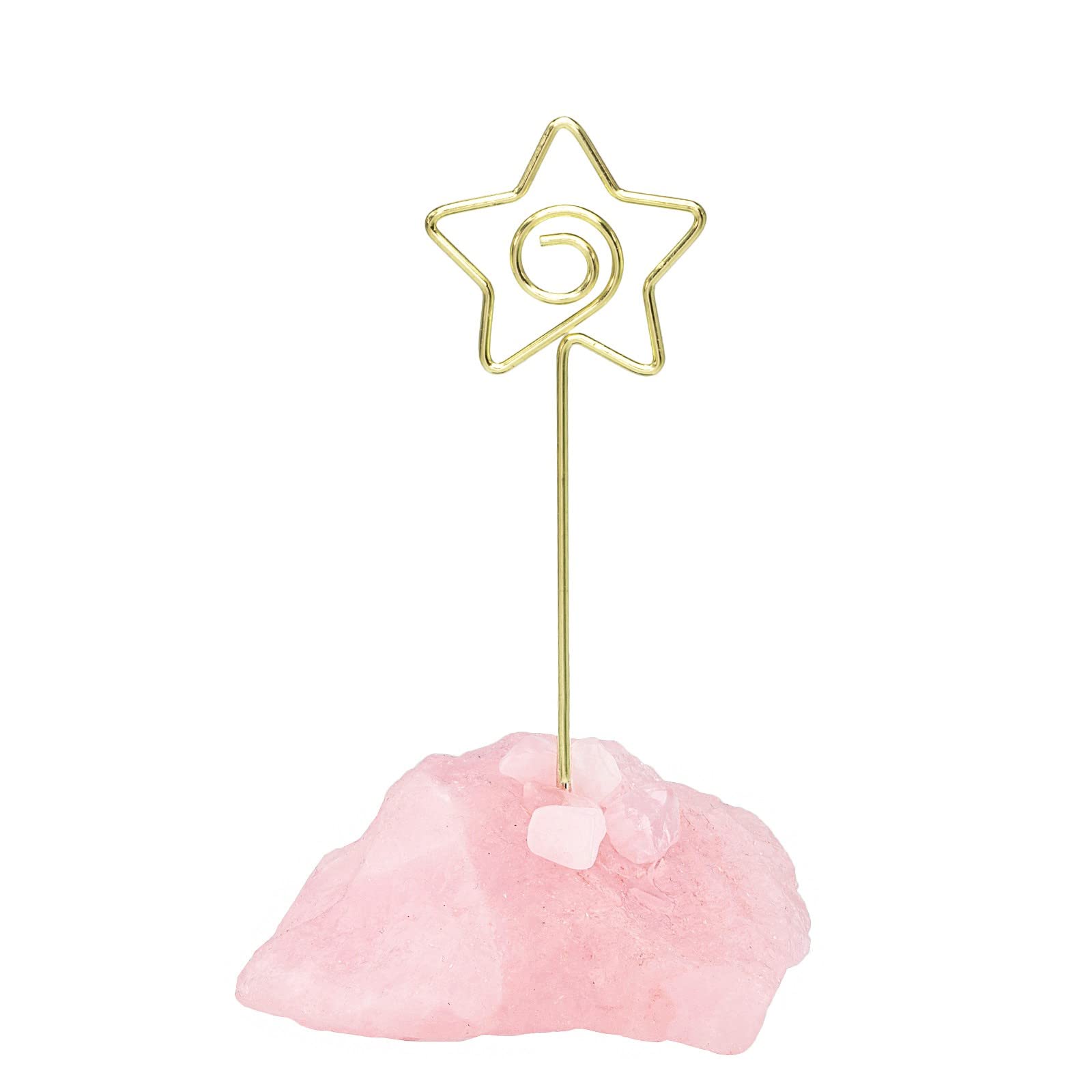 Nupuyai Natural Rose Quartz Raw Stone Memo Holder Stand, Office Desktop Table Card Memo Wedding Photo Clip Holder, Star Shaped