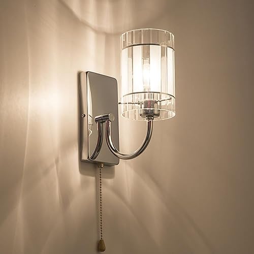 Miniatura 2 de LED Wall Sconce Light Clear Glass with Pull Chain Switch, Chrome Bathroom Vanity Cylindrical Modern Mid Century Iron Hardwired Lamp Stripe Shade,