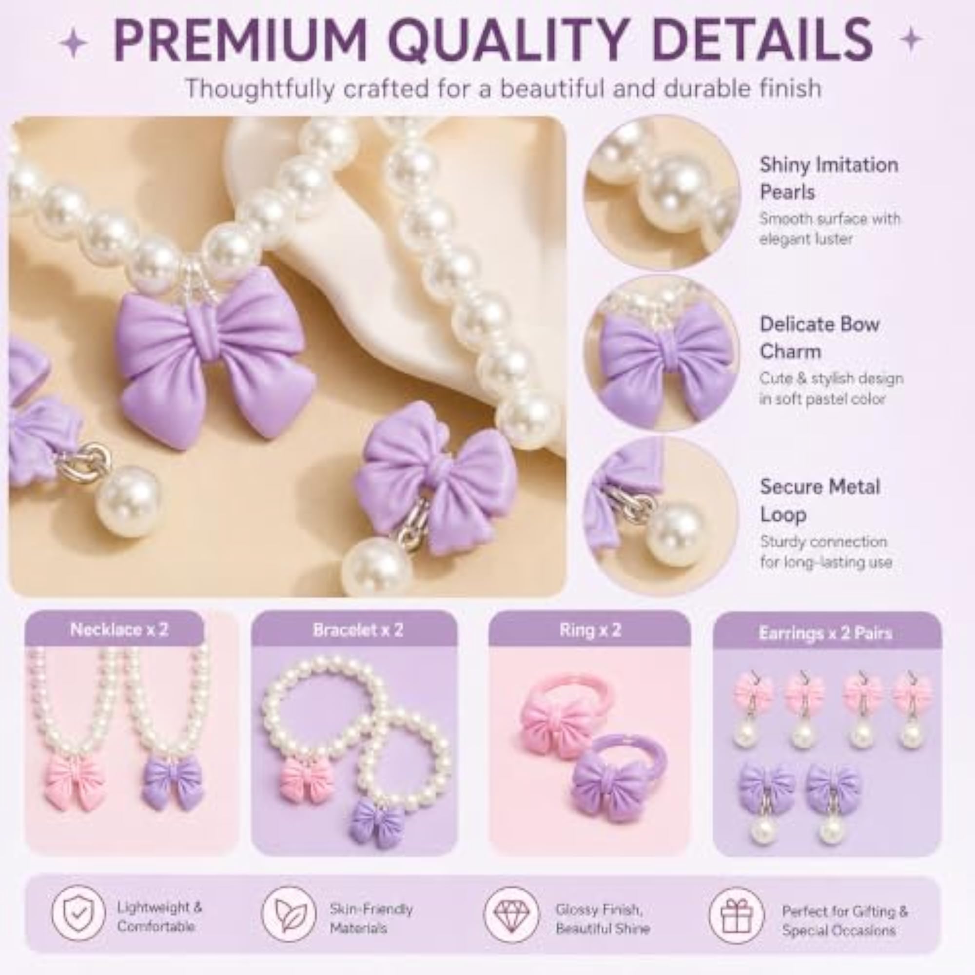 Bow Pearl Necklace Set for Girls, 2 PCS Jewellery