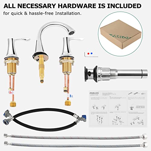 Parlos Widespread 2 Handles Bathroom Sink Faucet With Metal Pop Up Sink Drain And Cupc Faucet Supply Lines, Chrome, Demeter 1364701 #TOP6