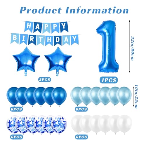 1st Birthday Decorations for Boys, Number 1 Balloon, Blue Silver 1st Party Decorations, Happy Birthday Bunting Banner, 32inch Foil Number 1 Balloons Set for Birthday Party Anniversary Decorations